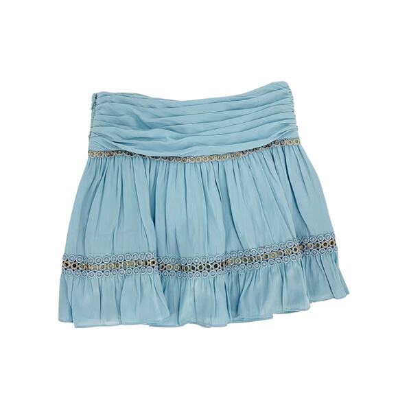 RAMY BROOK Skirt NEW Size 0 Esmeralda Blue Gold Mini Stretch Smocked Eyelet Lace - Picture 4 of 5